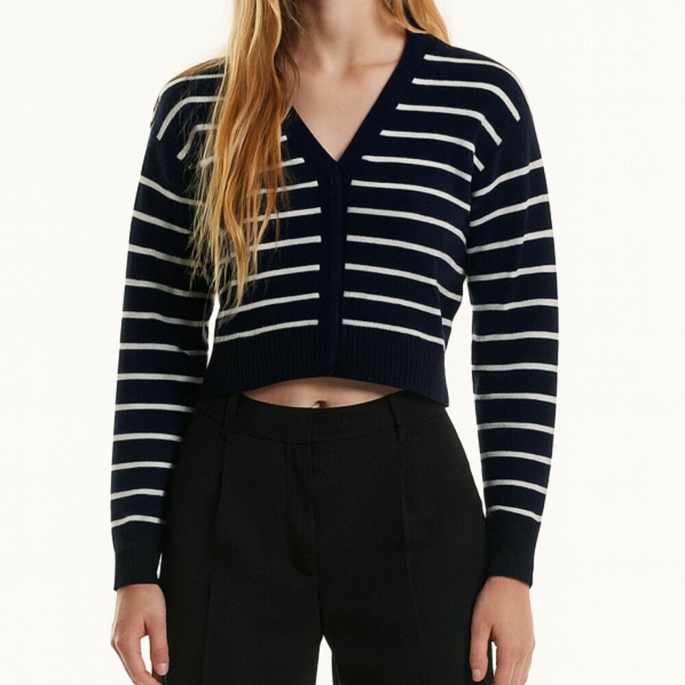 Zara Navy & White Striped Cropped V-Neck Sweater